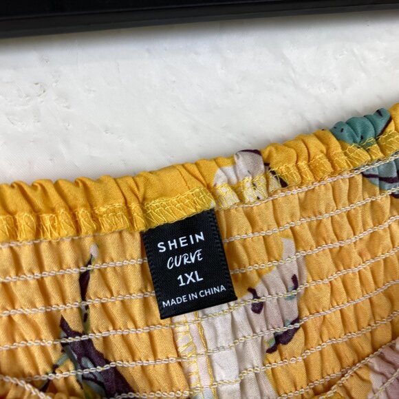 Shein Curve Size 1XL Yellow Floral Elastic Waist Wide Leg Pants - Picture 5 of 6